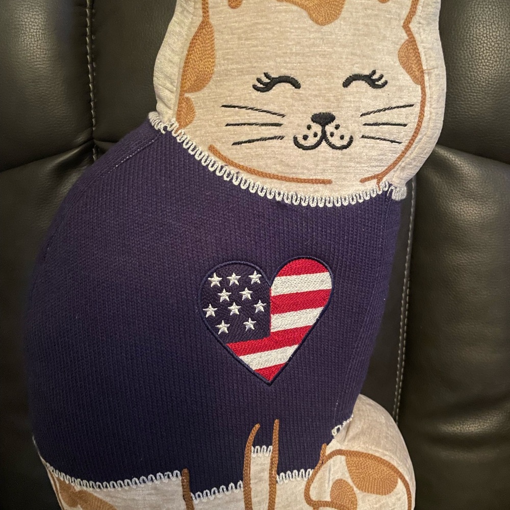 Decorative Patriotic Cat Plush Pillow with Flag Heart Design 20”
